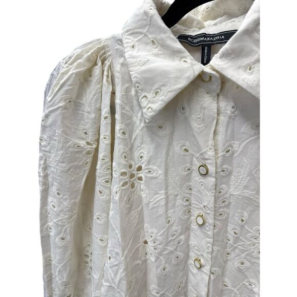 BCBGMAXAZRIA White Eyelet Puff Sleeve Blouse Size 6 Cotton Lined Embroidered - Picture 5 of 13